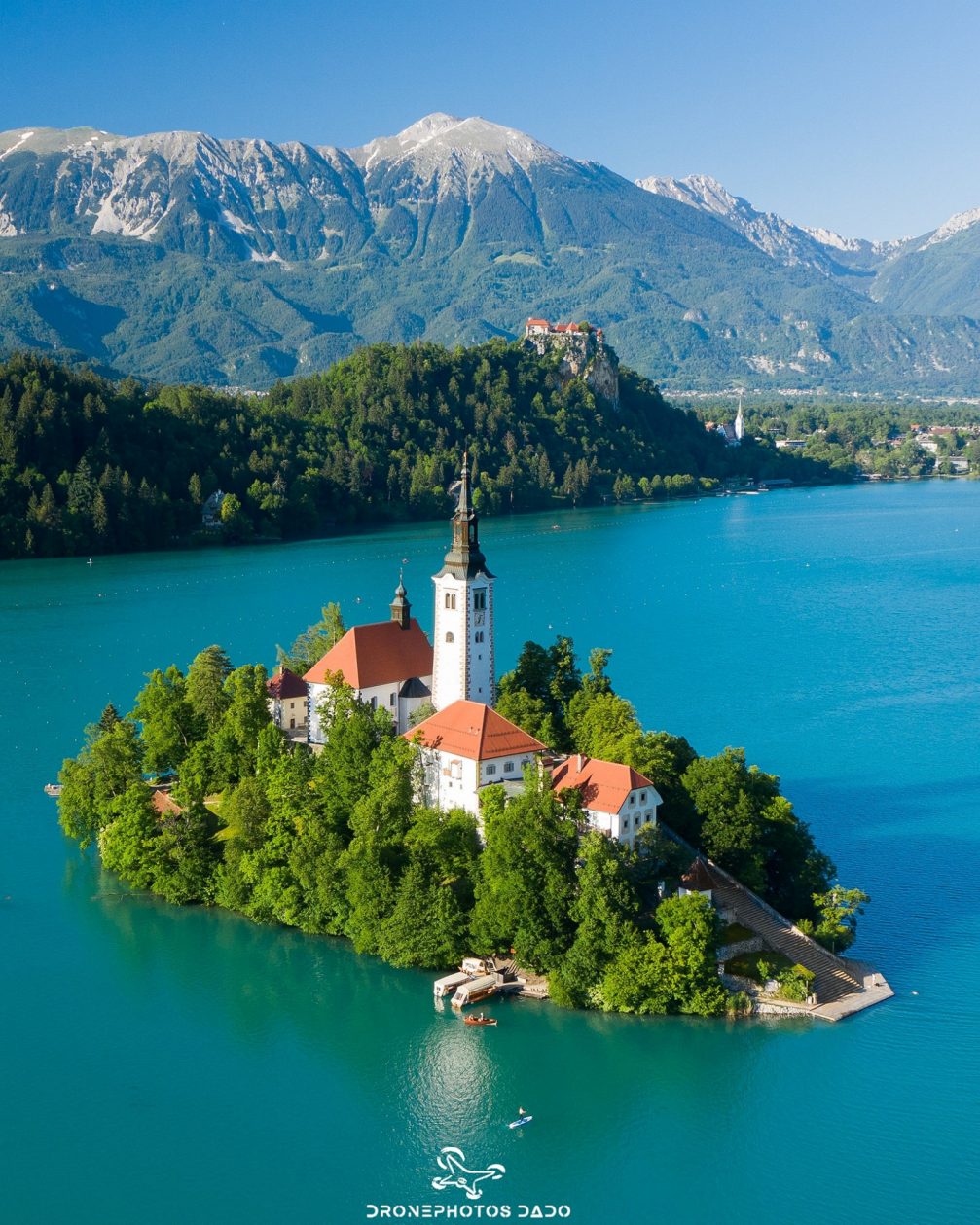 Aerial drone view of Lake Bled in Slovenia