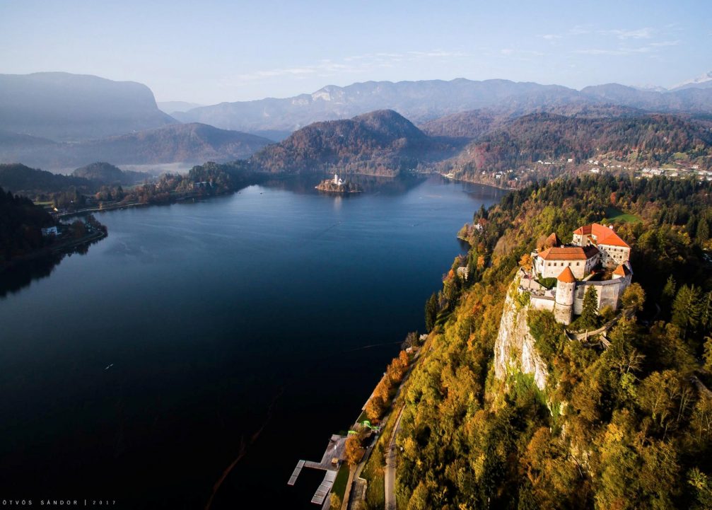 View of Bled Castle in the fall season from the air