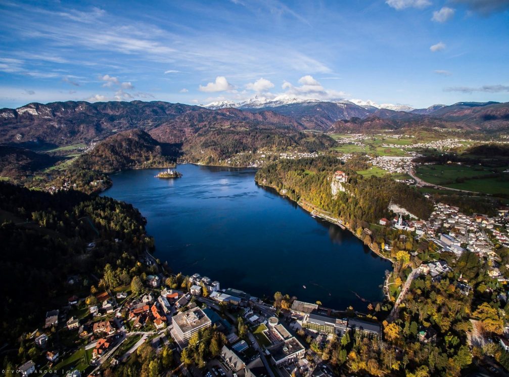 Aerial view of Lake Bled in the fall season