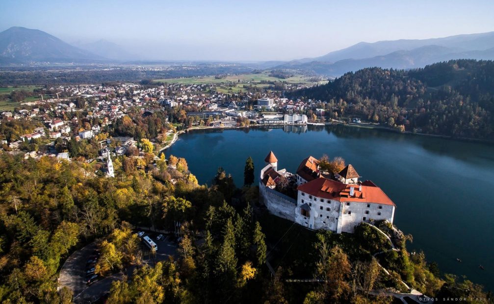 Aerial view of Lake Bled and the town of Bled in Slovenia in the fall season