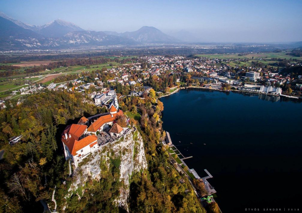 View of Bled Castle in autumn season from the air