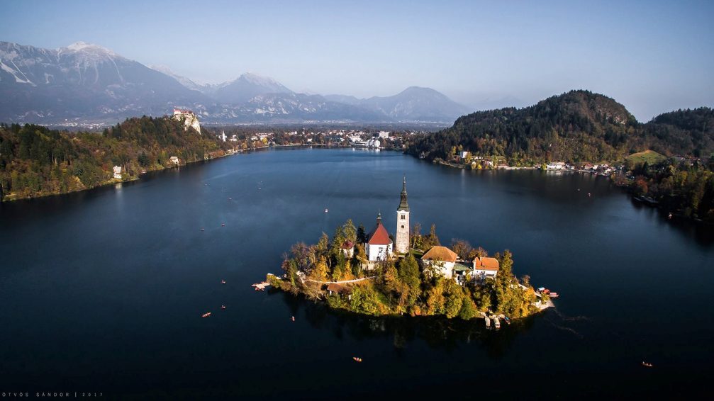 View of Bled Island in the autumn season from the air