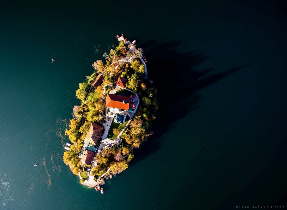 Birds eye view of Bled Island in Slovenia in the fall season