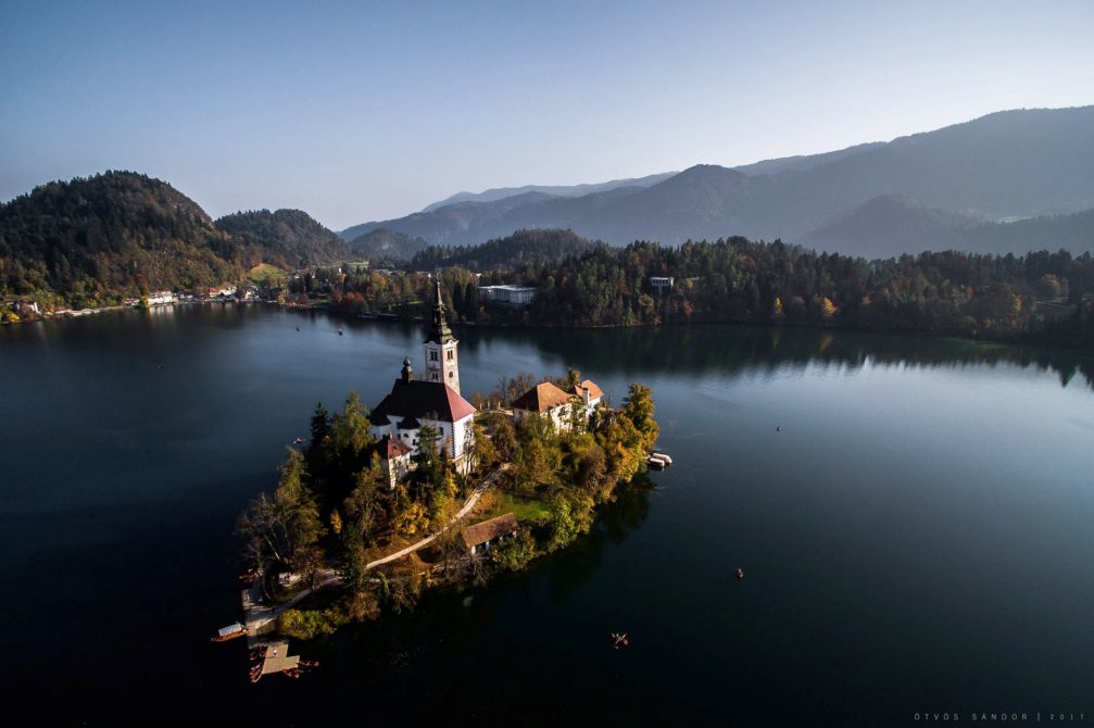 Drone photo of Bled Island in Slovenia in the fall season