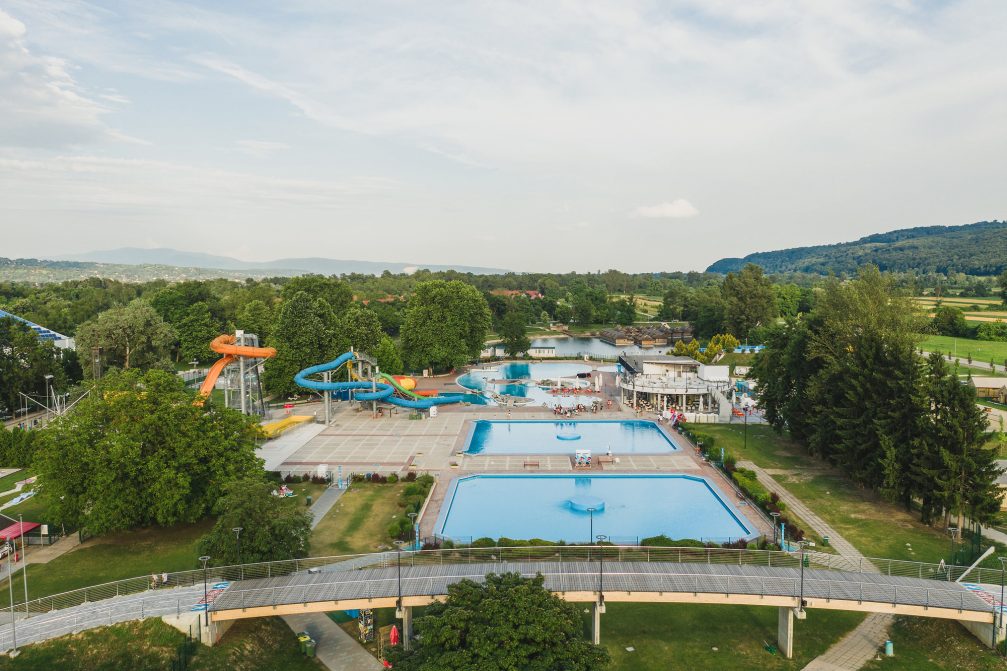 Summer Thermal Riviera pools at Terme Catez Bath Complex as seen from the air