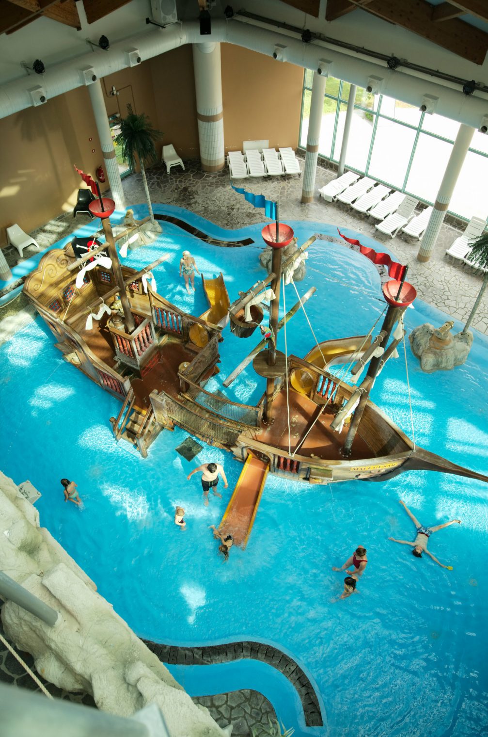 A pirate ship ensconced in an indoor pool at Terme Catez thermal spa in Slovenia