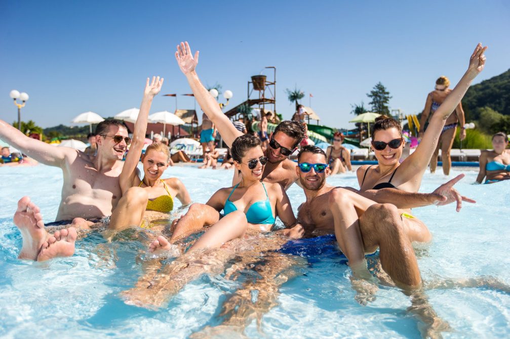 A group of visitors in Thermal Park Aqualuna at Terme Olimia in Podcetrtek