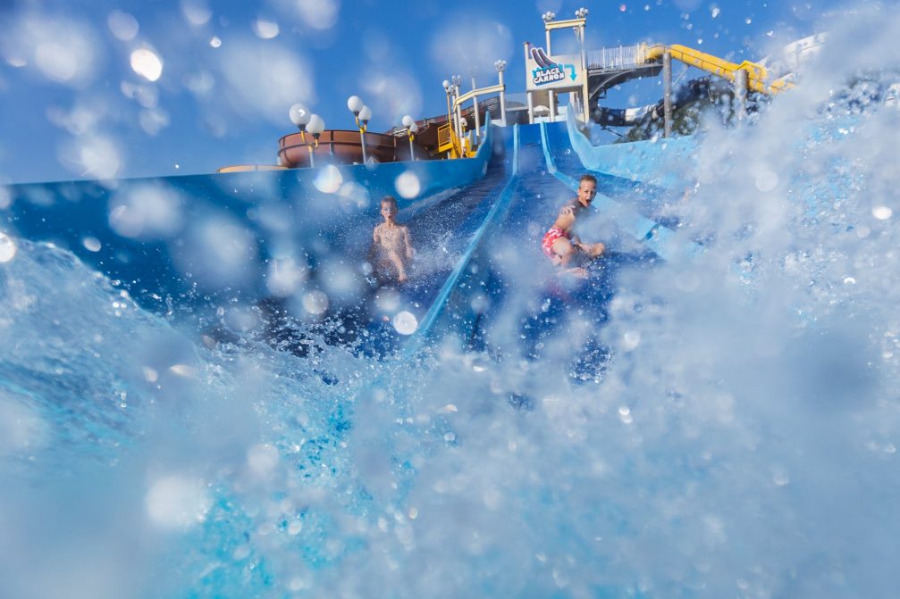 Water slides in Thermal Park Aqualuna at Terme Olimia in summer