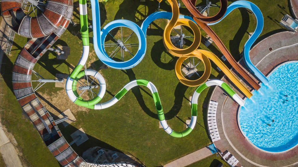 Aerial view of water slides in Thermal Park Aqualuna at Terme Olimia in Podcetrtek