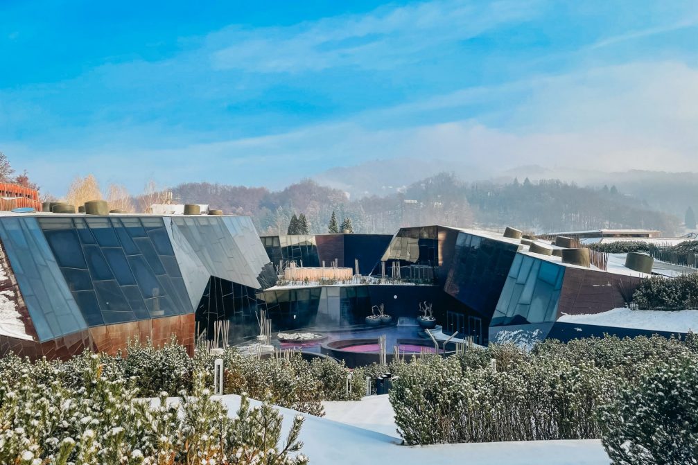 Wellness Orhidelia thermal spa at Terme Olimia covered with snow in winter