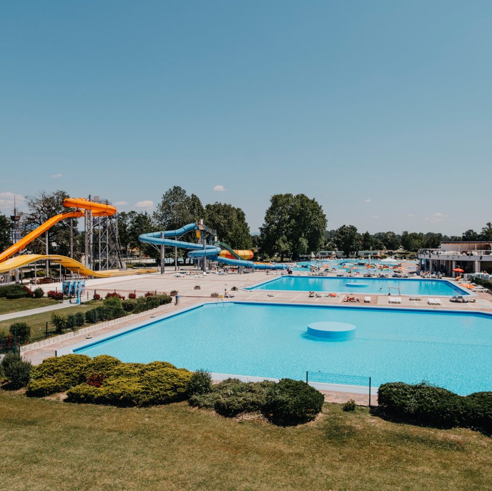 Outdoor pools and slides at Terme Catez Complex in summer