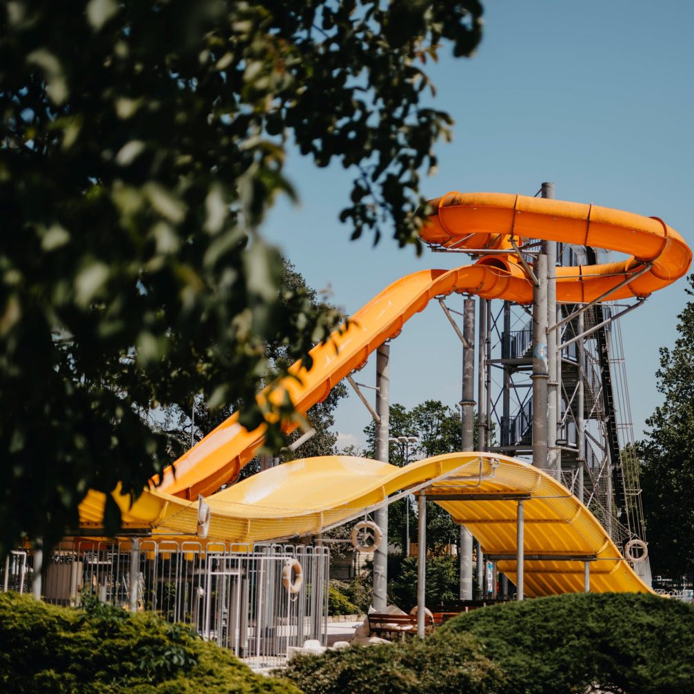 Yellow outdoor water slide at Terme Catez in Slovenia
