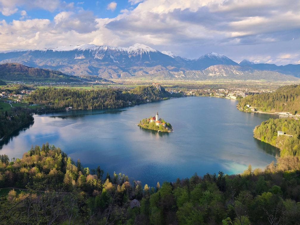 View of Lake Bled in Slovenia in spring from Mala Osojnica Viewpoint