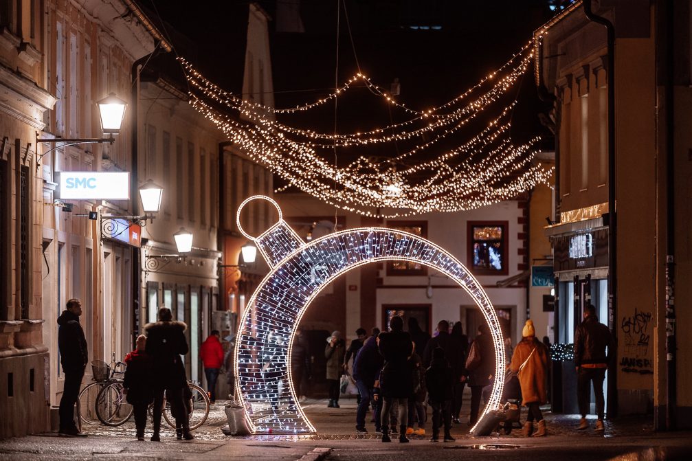 Maribor streets adorned with Christmas lights in festive time in December