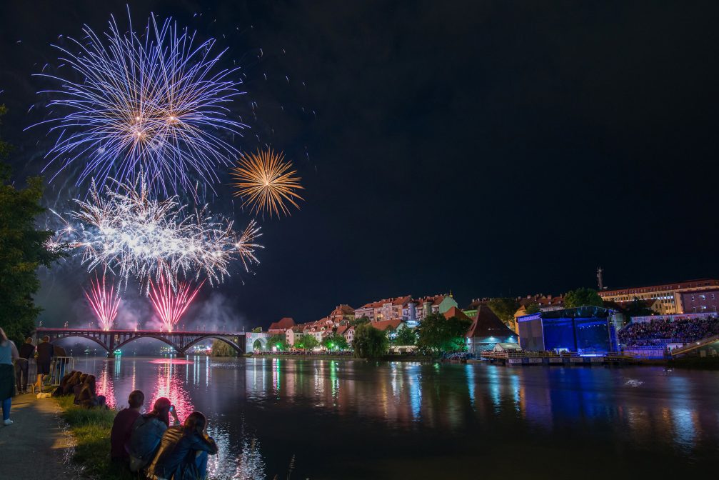 Fireworks lighting up the night sky over Maribor, Slovenia