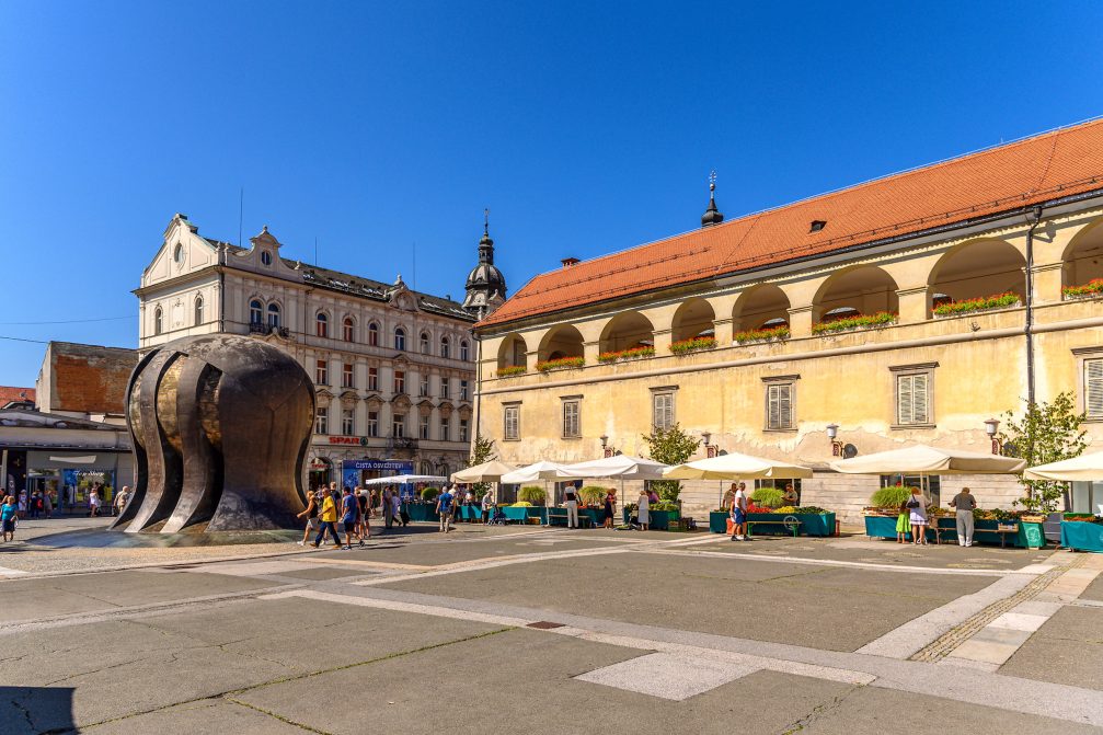 Freedom Square, a lively pedestrian zone right next to the historic old town in Maribor, Slovenia