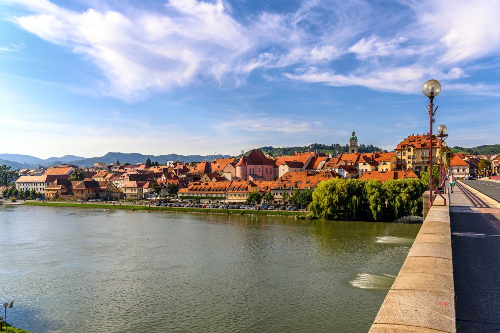 View of Maribor in Slovenia from the bridge over Drava river