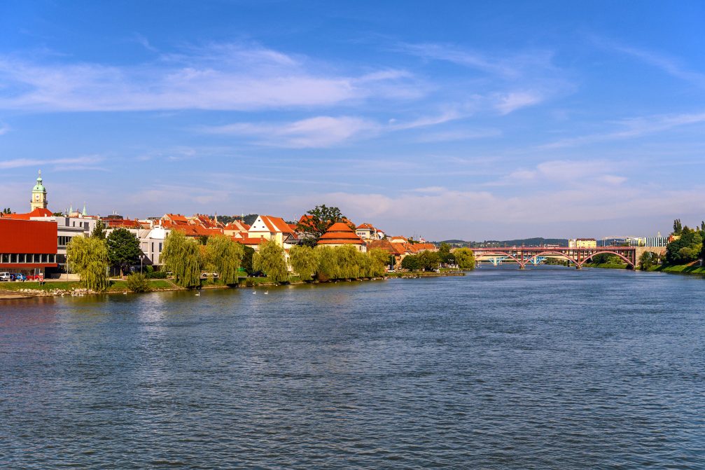 Drava River winding its way through the heart of Maribor, Slovenia