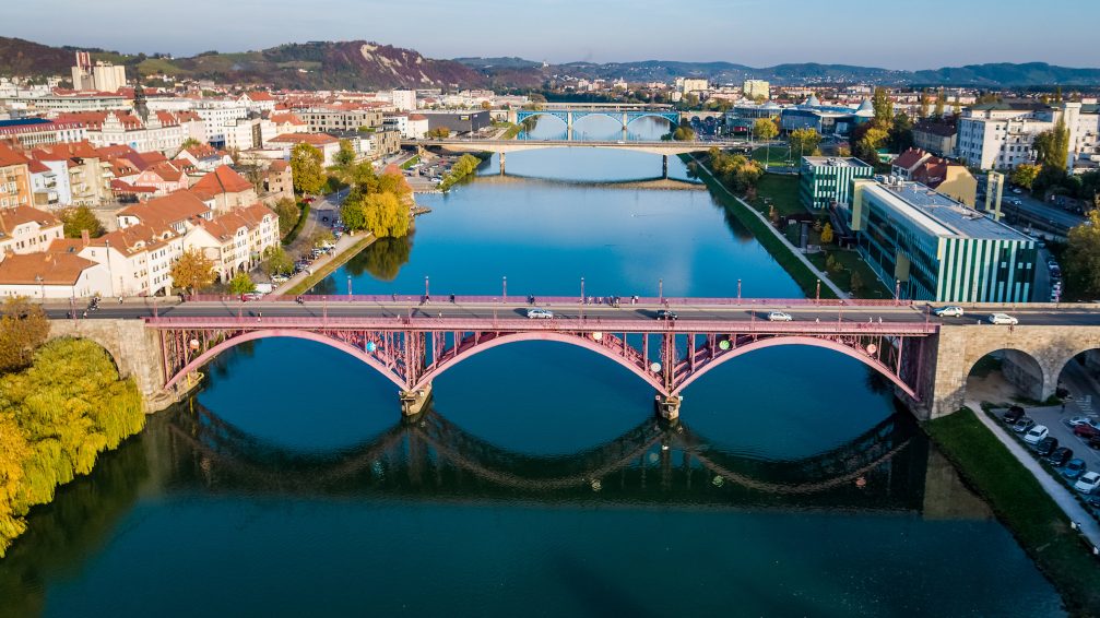 Aerial view of bridges over Drava river in Maribor, Slovenia